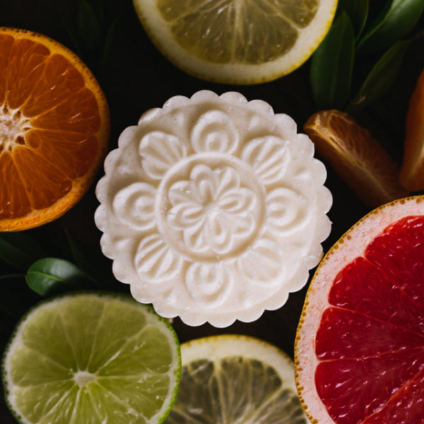 Viori Shampoo bar surrounded by citrus slices of lemon, lime, grapefruit, and orange